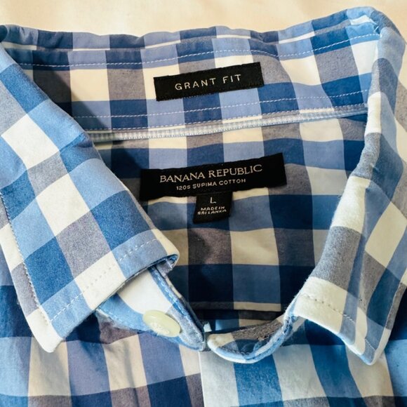 Banana Republic Grant Fit Supima Cotton Sz L Button Up Long Sleeve Blue/Plaid - Picture 5 of 7